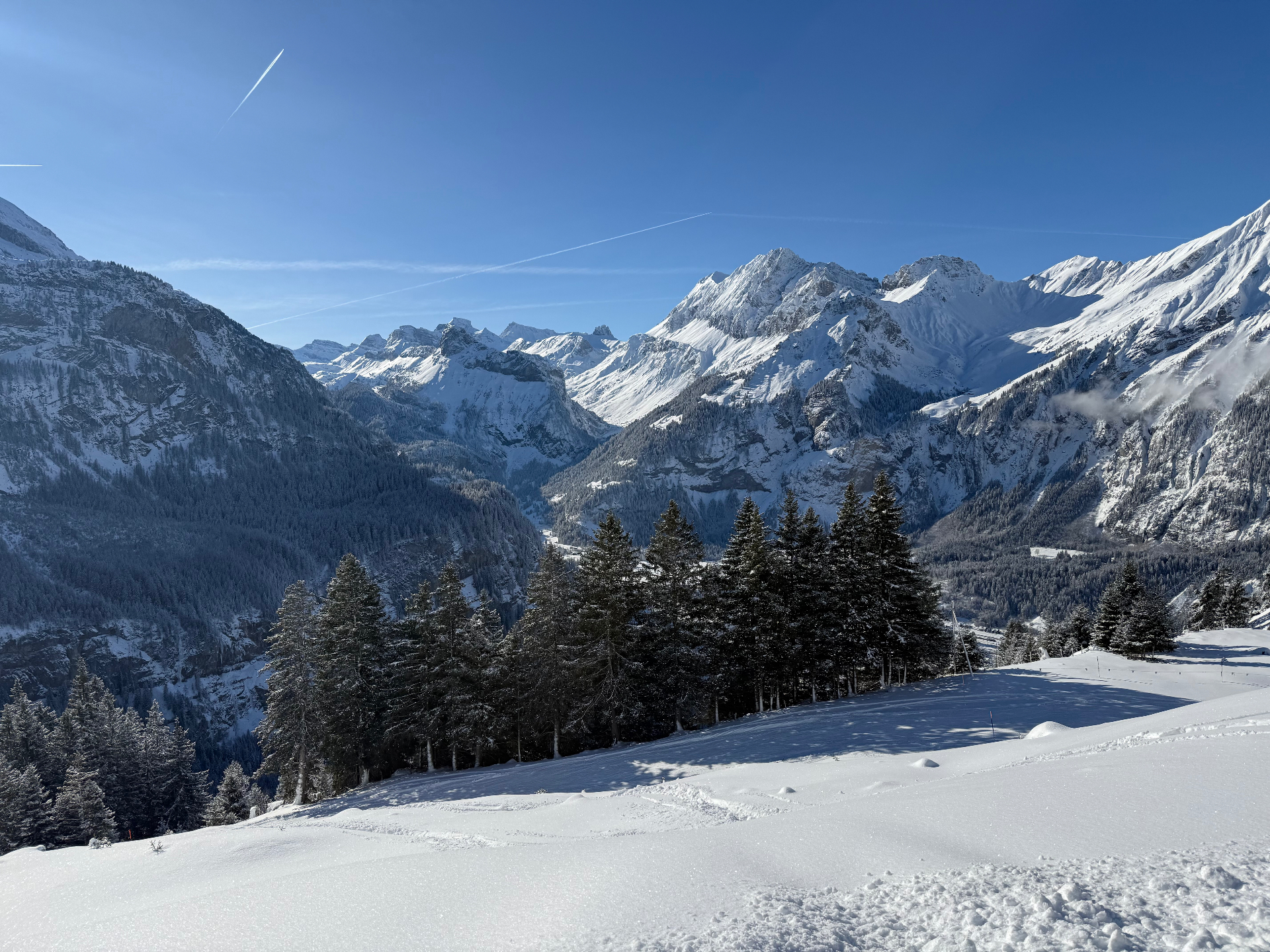 Snow-covered Kandersteg valley with the Blümlisalp massif rising behind a frozen forest